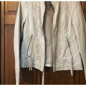 Big Chill Vintage Leather like jacket. Cream  with embroidered front and sleeves